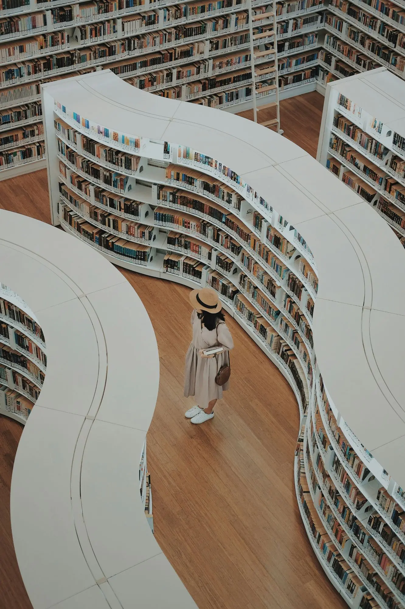 A woman in a straw hat holding a book, standing among the curved white shelves of a library
